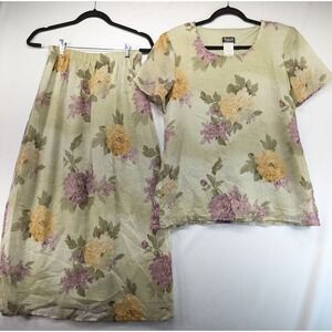 Helene Blake Womens Floral 2 Piece Skirt Set Sage Green Crinkle Midi Size 12